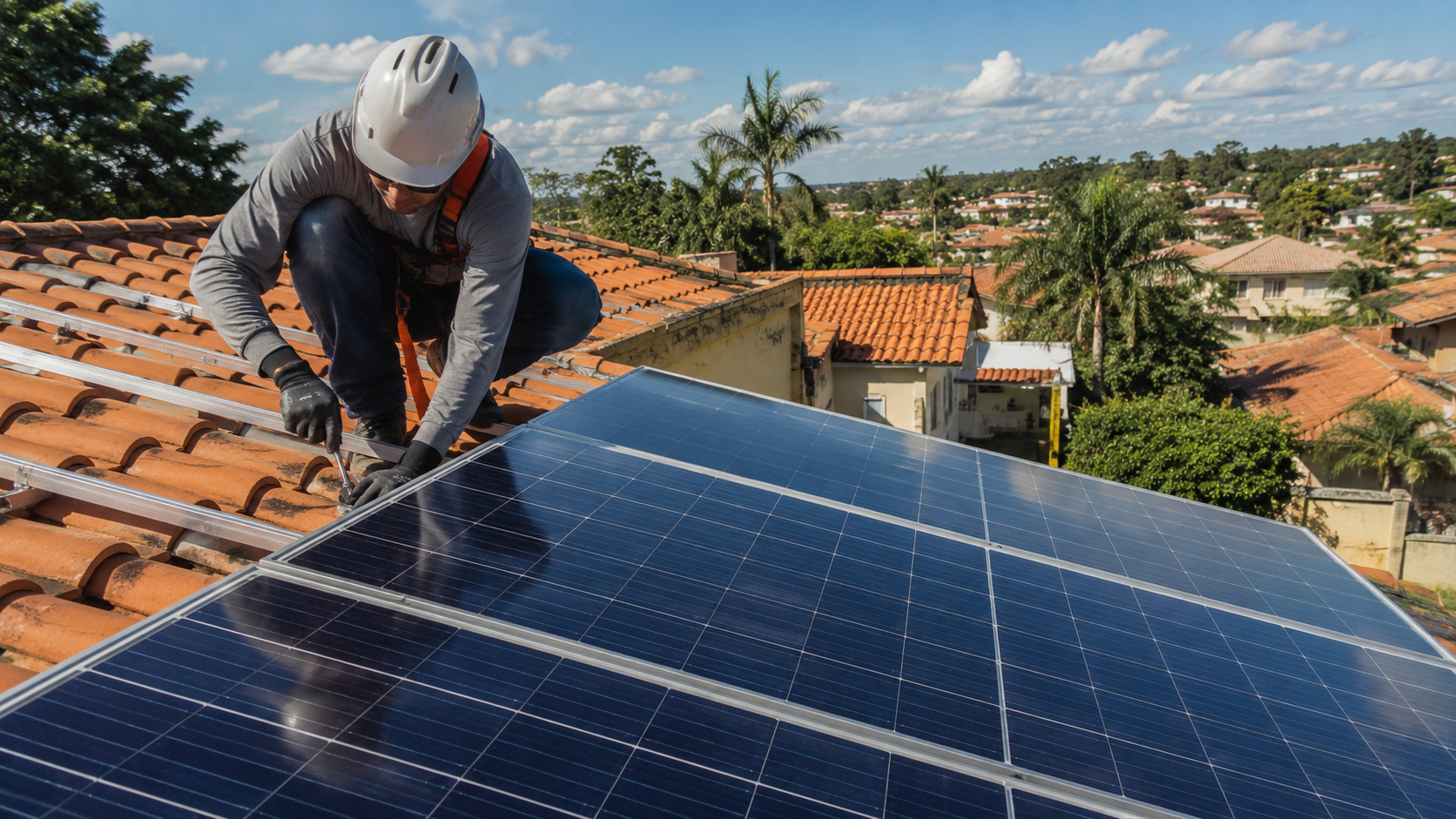 Técnico instalando painel fotovoltaico em telhado residencial