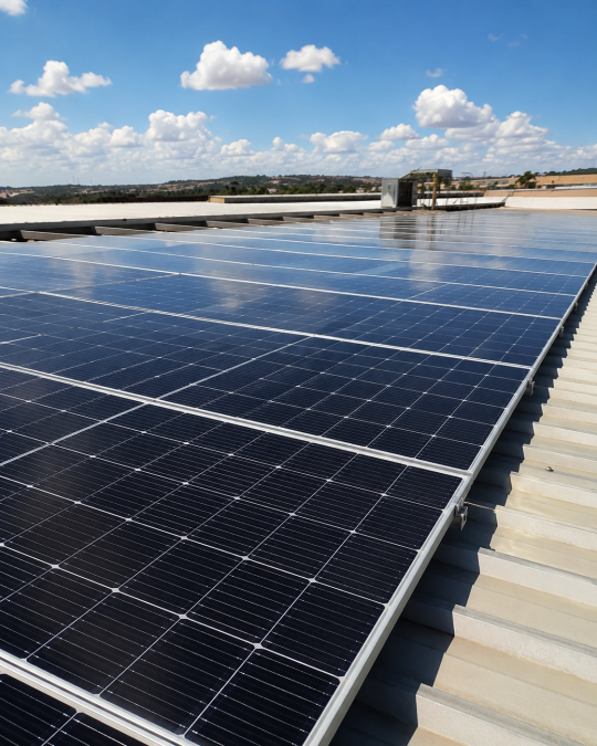 Painéis fotovoltaicos instalados em telhado comercial para cotação de Seguro Placa Solar