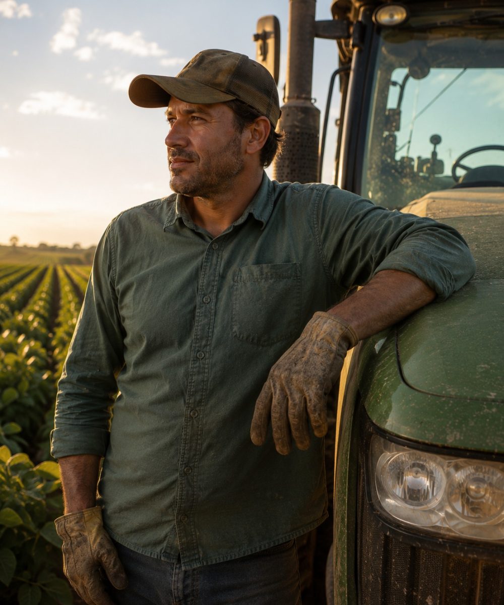 Produtor rural ao lado de trator — seguro de máquinas e equipamentos